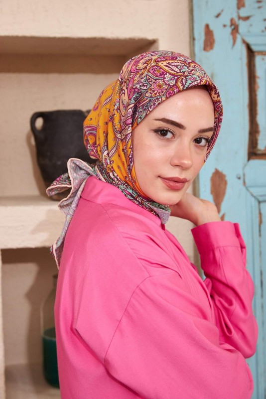 Moda Mevsimi İpekhan Etnik Serisi Soft Pamuk Viskon Eşarp Turuncu