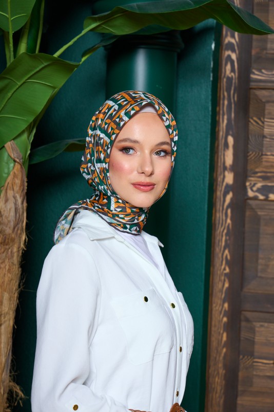 Moda Mevsimi İpekhan Marrakech Koleksiyonu Soft Pamuk Eşarp 1203-04 Turuncu Koyu Yeşil