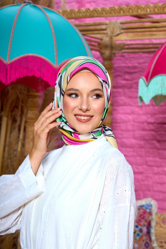 Moda Mevsimi İpekhan Soft Pamuk Eşarp 1199-01 Yeşil Pembe