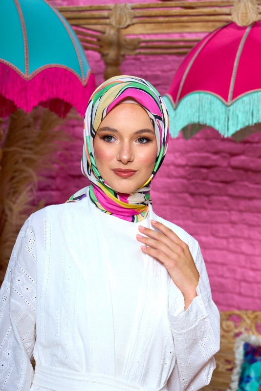 Moda Mevsimi İpekhan Soft Pamuk Eşarp 1199-01 Yeşil Pembe