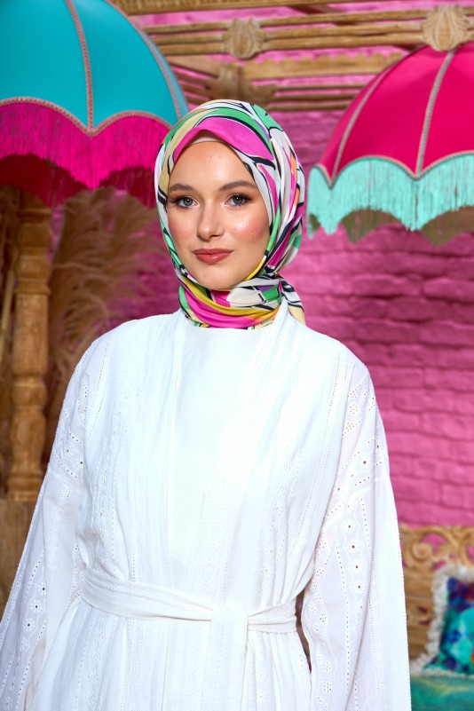 Moda Mevsimi İpekhan Soft Pamuk Eşarp 1199-01 Yeşil Pembe