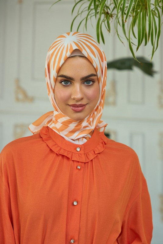 Moda Mevsimi İpekhan Soft Pamuk Eşarp 1184-01 Turuncu Ekru