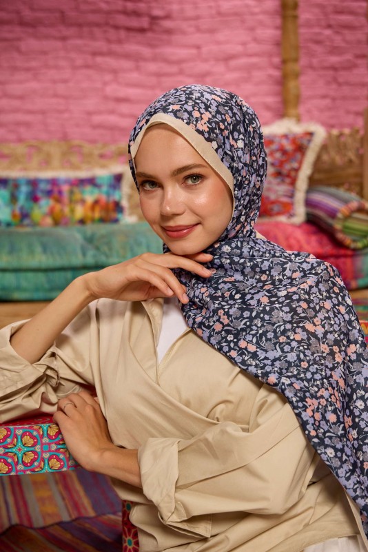 Moda Mevsimi İpekhan Soft Pamuk Şal 3046-12 Lacivert Lavanta