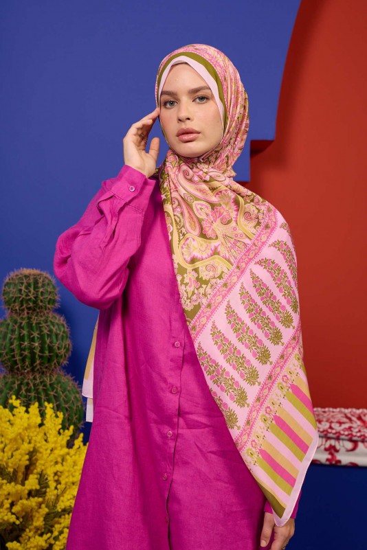 Moda Mevsimi İpekhan Soft Pamuk Şal 3049-13 Pembe Yeşil