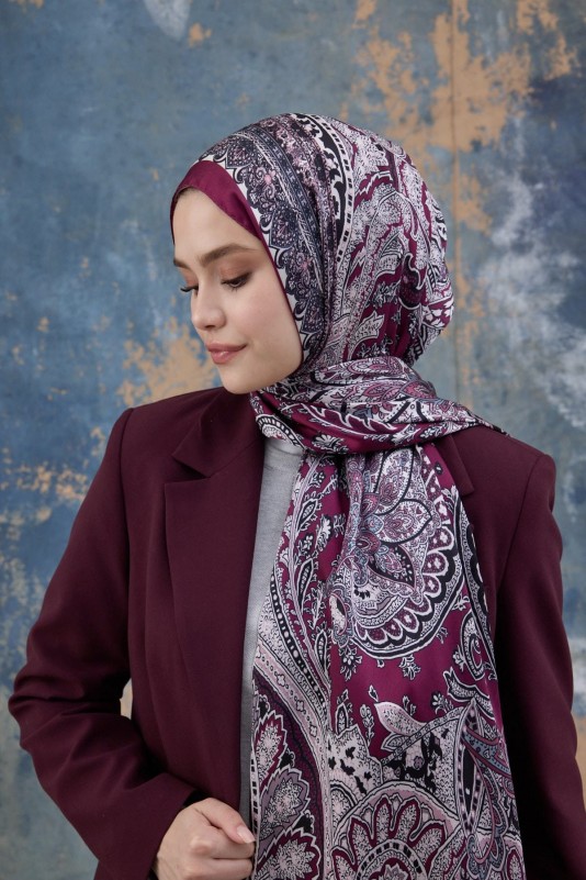 Moda Mevsimi İpekhan Desenli Hint İpeği Şal 5007-05 Vişne