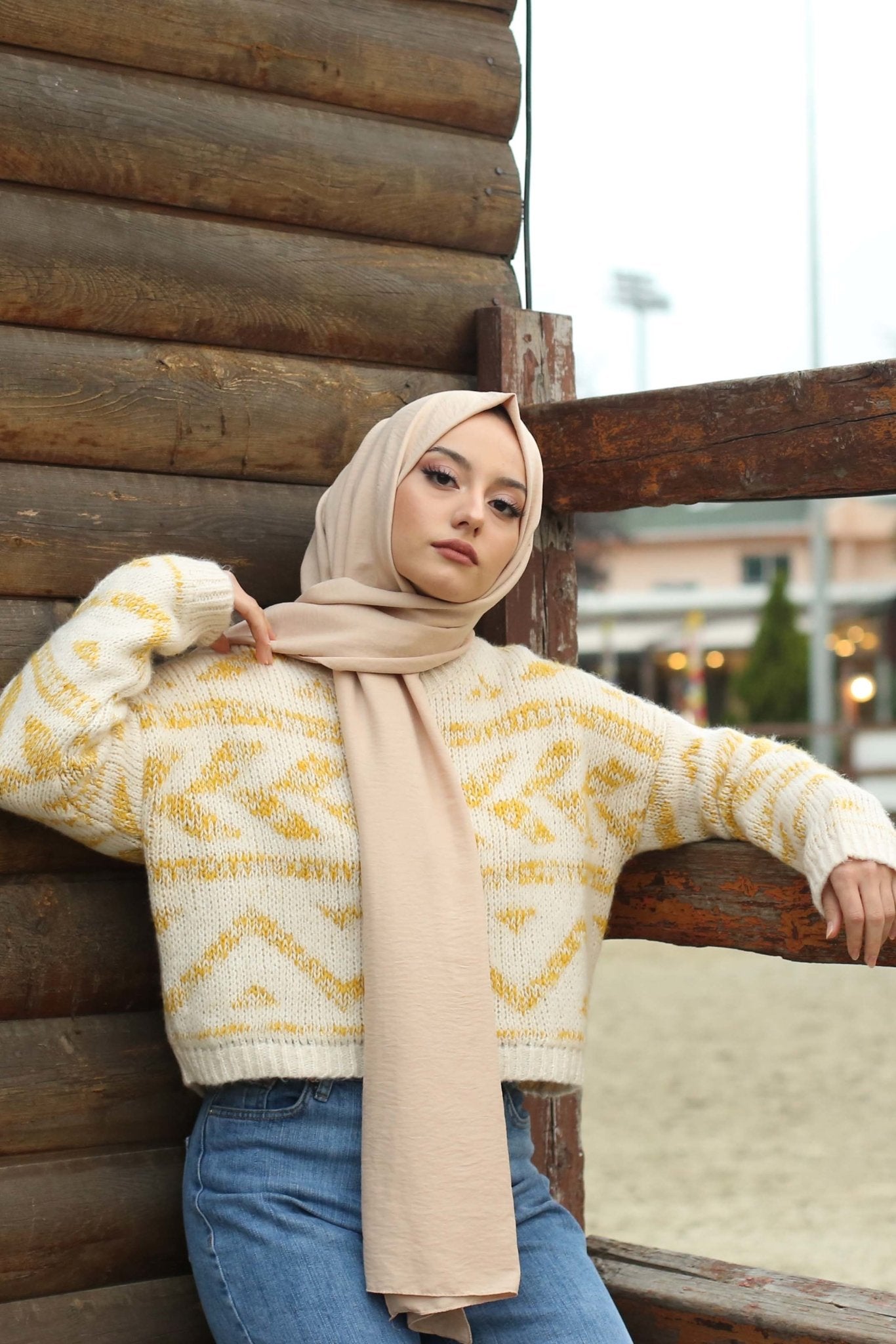 Moda Mevsimi FiveScarf Pamuk Kraş Caz Şal Dore Bej