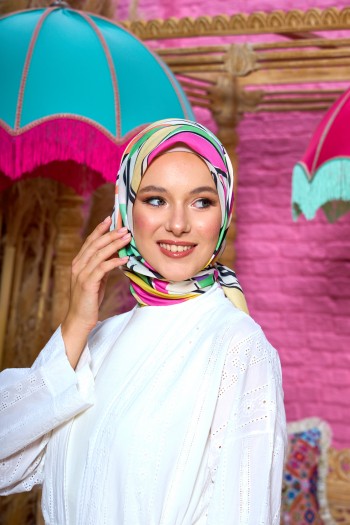 Moda Mevsimi İpekhan Soft Pamuk Eşarp 1199-01 Yeşil Pembe