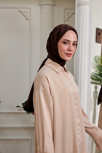 Moda Mevsimi İpekhan İpeksi Jakar Şal Dama Desen 9007-05 Koyu Kahve